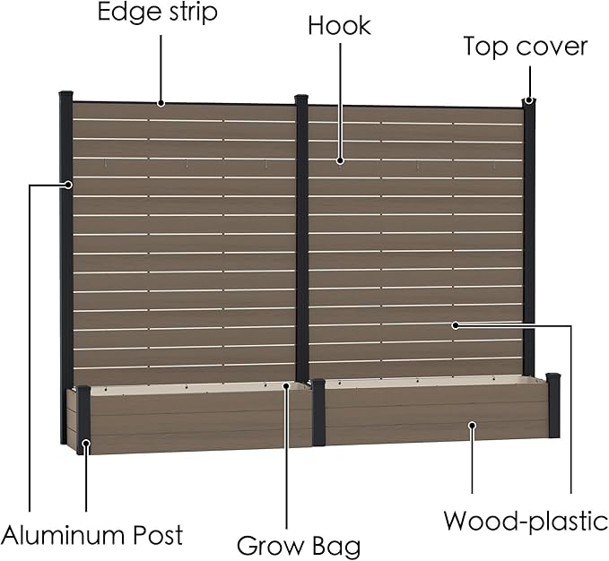 Kozyard 2Pack Privacy Screen with Planter, 70" H x 51" W Outdoor Garden Screen, Waterproof Aluminum Frame with Thick Wood-Plastic Boards, Decorative Privacy Screen for Patio, Balcony & Backyard Beige