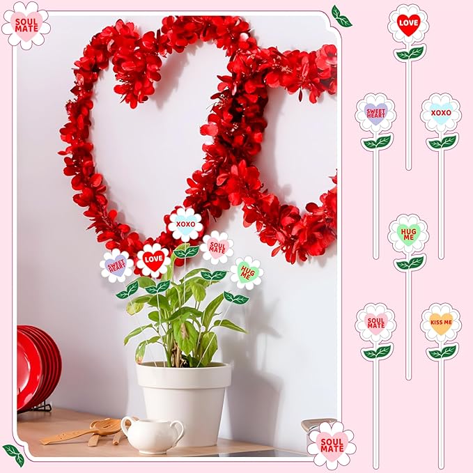 BreezeHug 6 Pcs 3.9 Inch Valentine's Day Heart Shaped Conversation Flower Stakes Outdoor Garden Planter Stakes Sign Valentine Flower Stick Pink Red Decorative for Anniversary Yard Patio(Colorful)