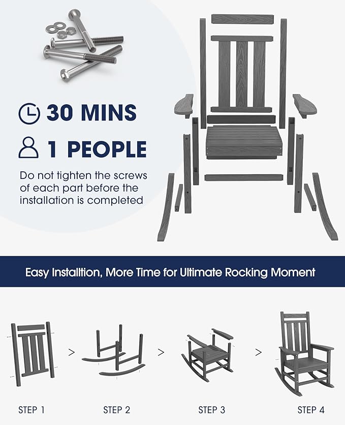 KINGYES Outdoor Rocking Chair, All-Weather Patio Rocking Chairs for Porch, HDPE Rocking Outdoor Chairs with High Back for Adult, Heavy Duty Outdoor Patio Rockers for Garden, Lawn, Gray