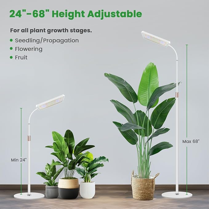 Wiaxulay Grow Lights for Indoor Plants, 153 LED Full Spectrum Plant Grow Light Floor Standing, Height Adjustable 24-68 in,4/8/12/16H Timer,3 Lighting Modes,5 Brightness for Growing Large Tall Plants