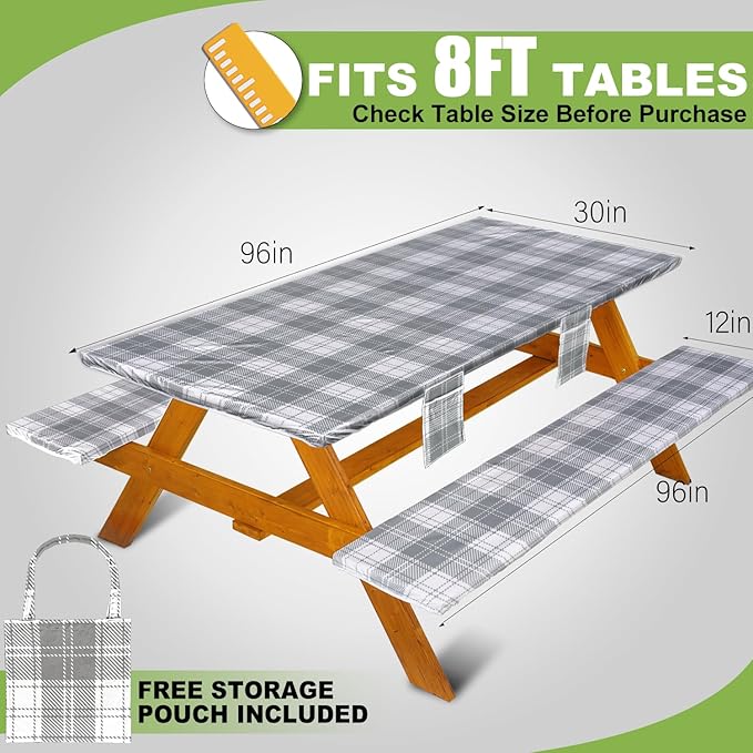 Fitted Picnic Table Cover with Bench Covers Waterproof Elastic Edges Rectangle Patio Tablecloth Outdoor Camping Essentials Stuff Rv Accessories Summer Trip Travel Camper Gifts for Woman Men, 96in 8 ft