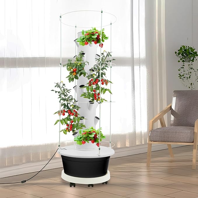 Hydroponic Growing Tower with Climbing Trellis, 30L Water Tank & Automatic Timer, Indoor Outdoor Vertical Garden System for Vegetables Herbs Strawberries (Black - 28 Holes)