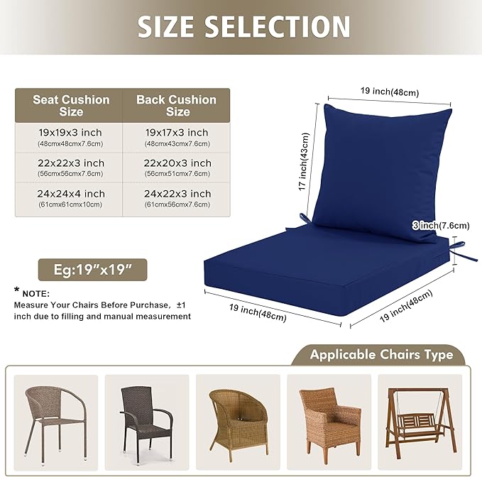 Outdoor Cushions for Patio Furniture, Waterproof Outdoor Chair Cushion w/ Fade-Resistant, Removable & Machine-Washable Cover, 22x22 Inch, Deep Seat Sofa/Couch Pad Replacement – Set of 4, Navy Blue