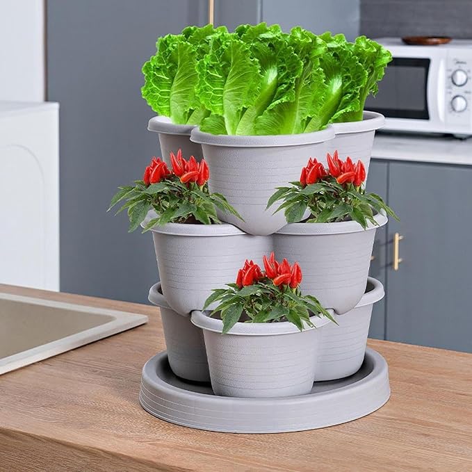 Stackable Planter - Vertical Garden Tower Stackable Planter | Vegetable Tower, Container with Removable Wheels & Tool Kit, Flower Pots Plant Growing System for Indoor Outdoor