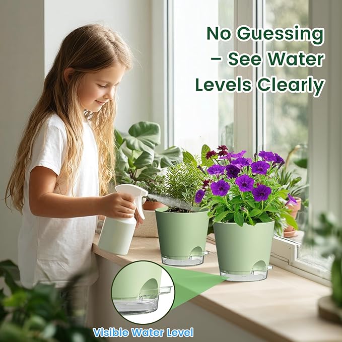 8 inch Self Watering Pots for Indoor Outdoor Plants, 2 Pack Flower Plant Pots with Drainage Holes & Clear Reservoir for Visible Water Level, Plastic Wicking Planters for House Plants, Green