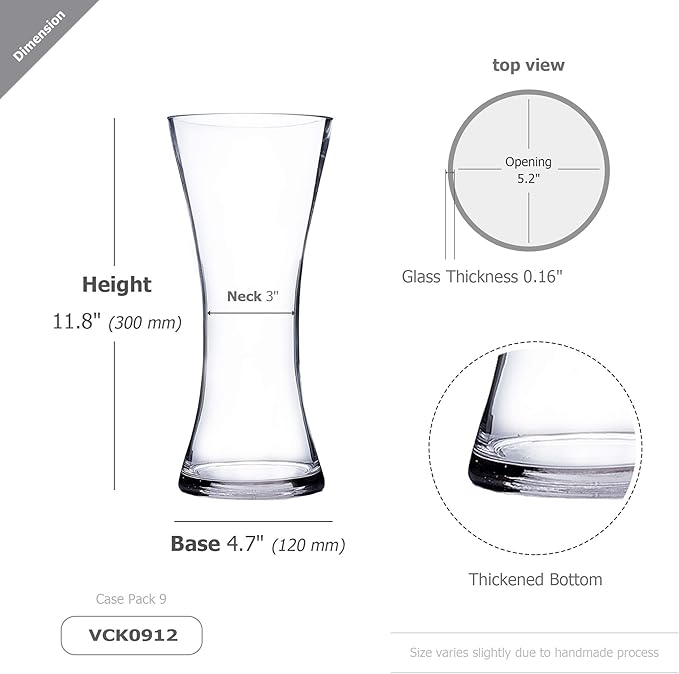 WGV Unique Bouquet Vase Bulk, 5" W, 12" H, Clear Glass Tall Floral with Flared Oval Opening, Centerpiece, Home Wedding Event Decor, 9 Pieces (VCK0912)