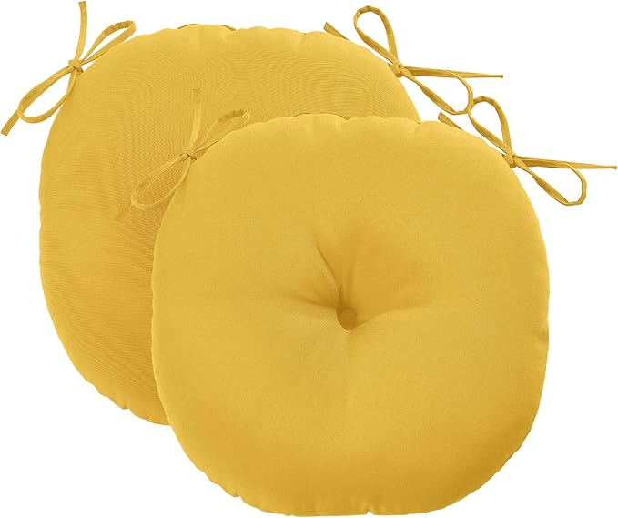 downluxe Bistro Chair Cushions for Patio Furniture, Water-Resistant Round Outdoor Chair Cushions Set of 2 with Non-Slip Ties, 15" x 15", Yellow