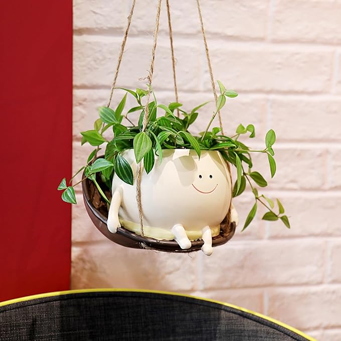 NINIPAPA Hanging Swing Chair Planter Pot Smile Face Plant Pot for Indoor Outdoor Plants Cute Head Flower Pots for Succulent String of Pearls Unique Gift on Mother's Day, Birthday, Christmas - Large