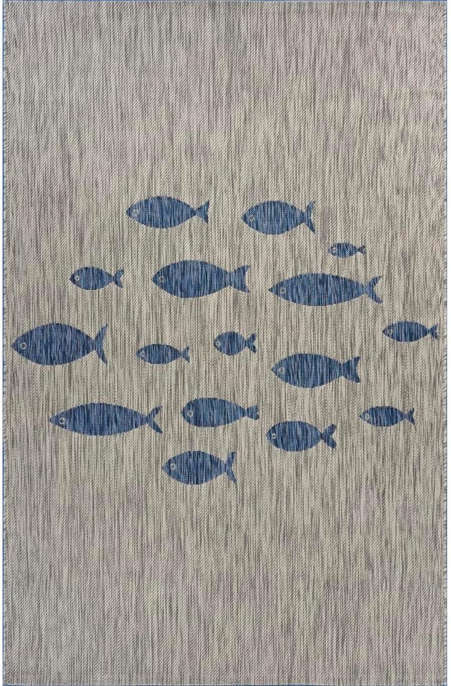 LR Home 8x10 Indoor/Outdoor Area Rug for Home Decor | Coastal School of Fish Large Size Carpet for Living Room, Bedroom, Playroom, Patio, Garden | Modern Farmhouse Rug | Gray/Navy