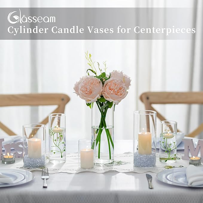 Glasseam Hurricane Glass Candle Holders Set of 6,Clear Cylinder Candle Holders for Pillar Candles,Modern Floating Candles for Centerpieces Vases,Candle Holders for Table Centerpiece,4''+6''+8'',2.6in