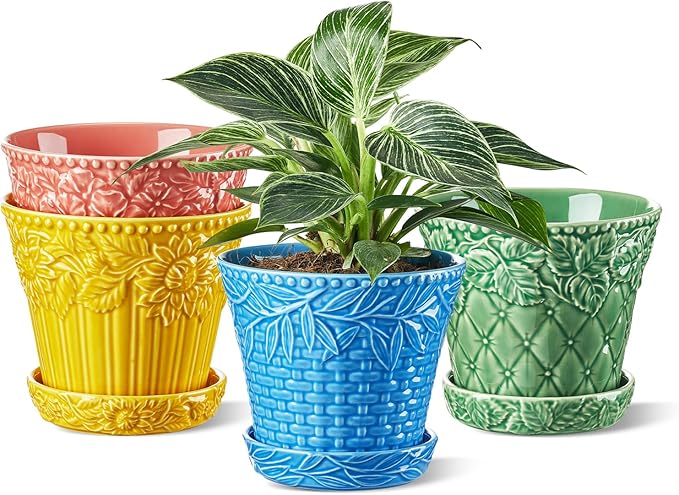 Ceramic Plant Pots, 5.8 Inch Flower Pots for Indoor Plants, Planters with Drainage Hole & Saucer, Garden Planters for Succulent, Orchid, Cactus, Home Decor, Set of 4, Assorted Colors