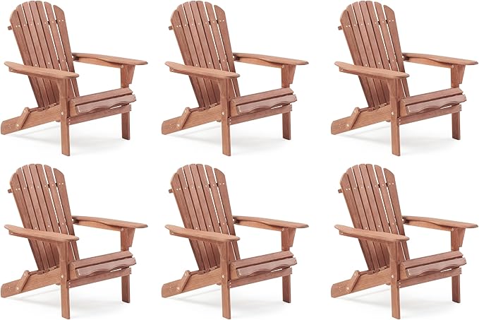 SoliWood Outdoor Wooden Folding Adirondack Chair Set of 6 with Pre-Assembled BackRest, Wood Patio Chair for Garden Backyard Porch Pool Deck Firepit