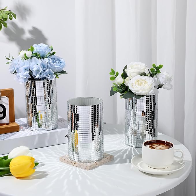 Hushee 6 Pcs 6 Pcs Disco Ball Vase Disco Planter Cylinder Glass Vase Mirror Tiles Modern Planter Pot Candle Holder for Wedding Centerpieces Birthday Party Gift Bedroom Decoration (6'')