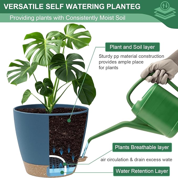 montresor 2 Pack 10 inch Plant Pots, PP Plastic Self Watering Plant Pot with Drainage and Tray for Indoor Outdoor Plants, Water Level Window & Reservoir Flower Pots Outdoor Decorative Planter (Blue)