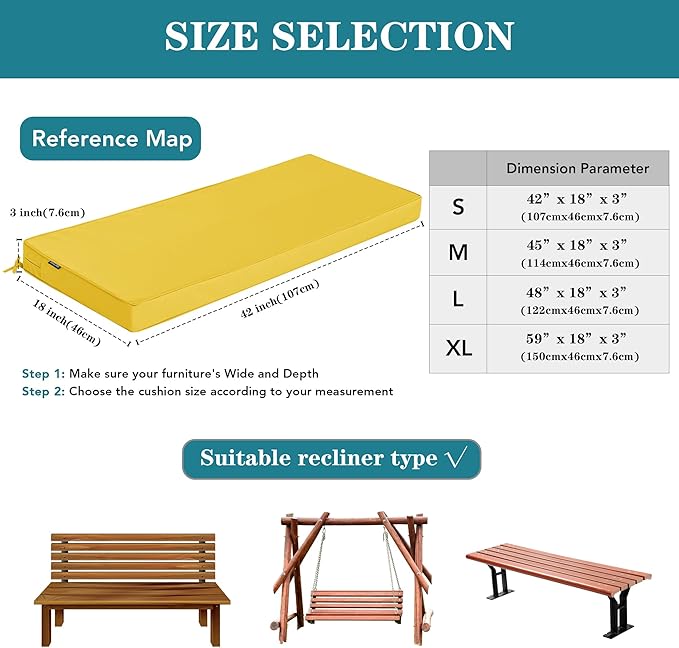 Outdoor Bench Cushion 45 x 18 Inch Thick Waterproof Porch Swing Cushions with Tie Patio Furniture Chair Cushion Bench Pad Color Fastness Backyard Seat Pads, Yellow