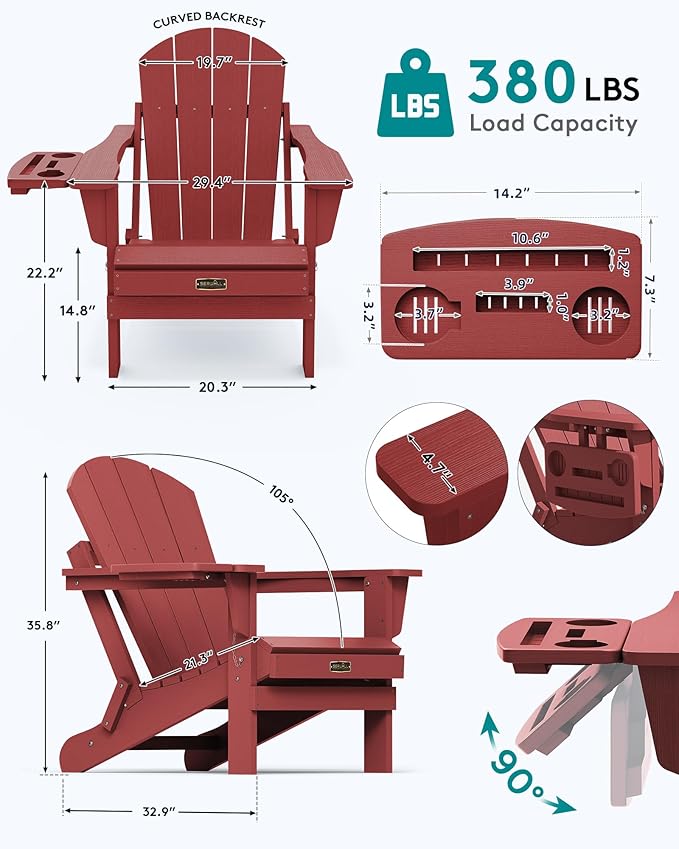 SERWALL Folding Adirondack Chair, Outdoor Adirondack Chairs with 4 in 1 Cup Holder, Wood Texture, Weather Resistant Plastic Patio Fire Pit Chairs for Garden, Backyard, Deck, Lawn - Green