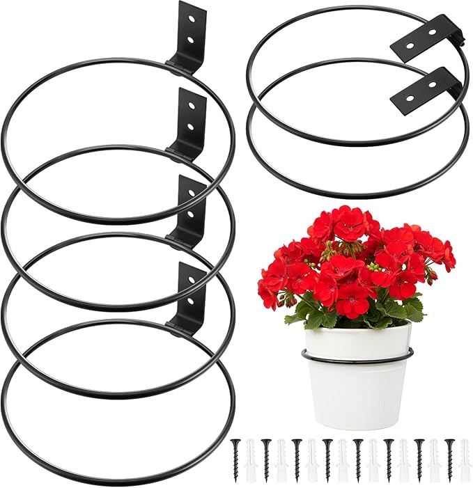 Menkxi 6 Pcs 10 Inch Flower Pot Holder Wall Planter Ring Hanger Metal Wall Plant Hanging Pot Holder Mounted Hanging Bracket for Indoor Outdoor Home Garden Plant Flower Display, Black