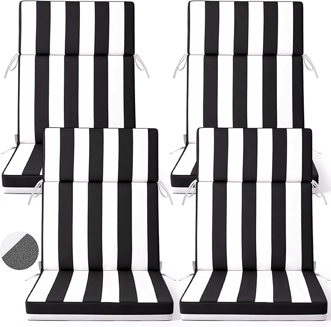 4 Pack Outdoor High Back Chair Cushion, 44 x 20 inches Patio Chair Cushions Waterproof Rocking Cushions Indoor Furniture Seat Pad, Weather Resistant (Stripe,Black White)