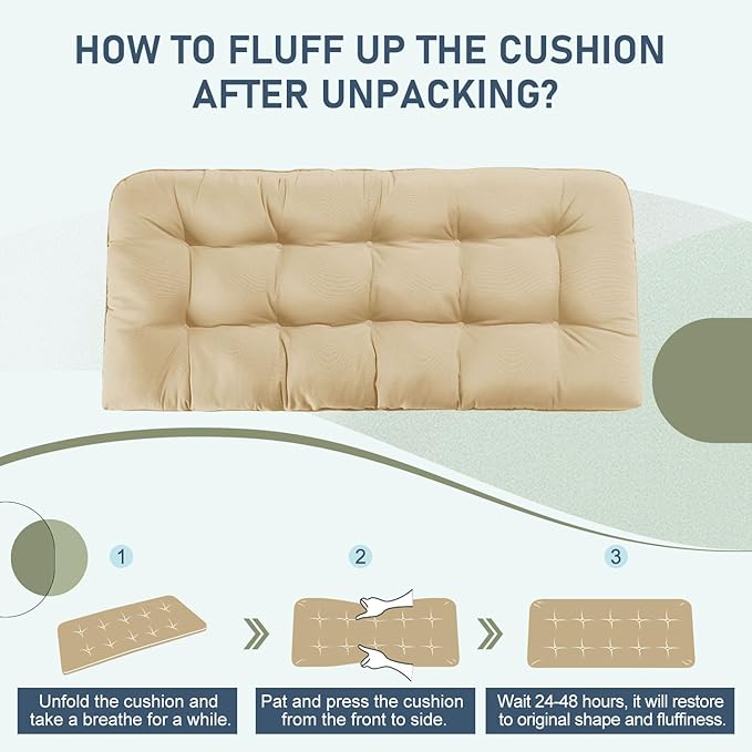downluxe Outdoor Bench Cushion for Patio Furniture, Waterproof Tufted Overstuffed Porch Swing Cushions, Thick Outdoor Loveseat Cushions, 44" X 19" X 5", Khaki, Set of 1