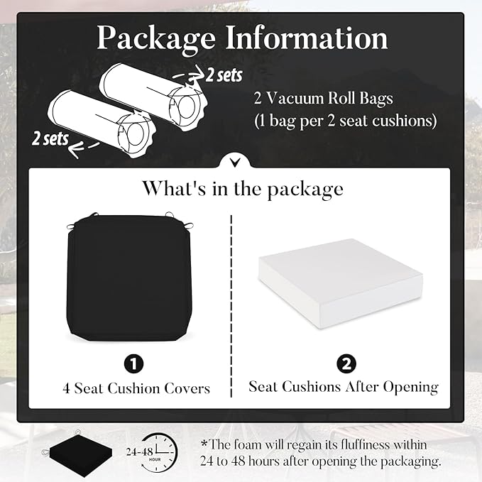 Basic Beyond Outdoor Chair Cushions for Patio Furniture, Waterproof Outdoor Seat Cushions Set of 4 19 x 19, Patio Chair Cushions Set of 4 with Ties and Handle, Black