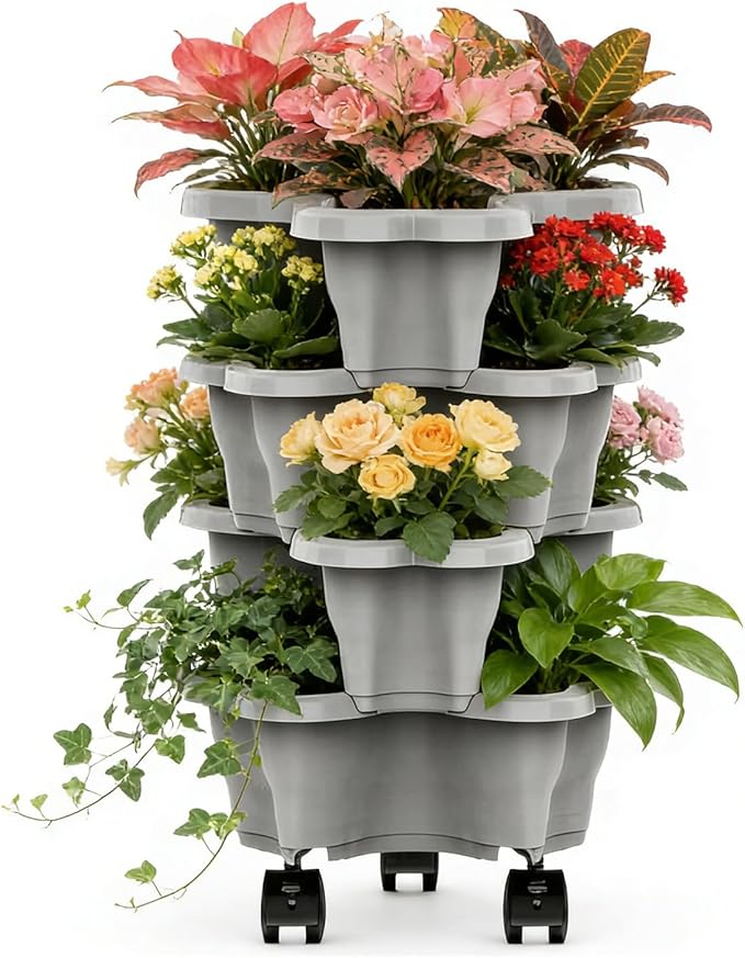 Stackable Planter - Vertical Gardening Pot Set, Multi-Level Weather Resistant Containers | Drainage Plant Growing System for Vegetables Herbs Flowers, Indoor Outdoor Use for Patio Balcony Lawn Decor