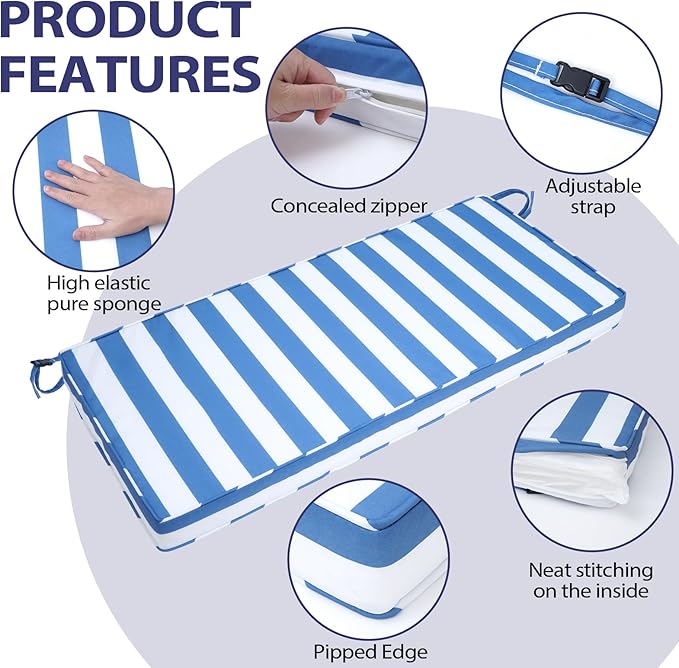 Outdoor Bench Cushion 48x16x3 Inch with Ties, Thick Waterproof Porch Swing Cushions for Patio Furniture Chair Pad, Seat Sofa Garden Replacement Cushion Sponge Filling (Blue&white Stripes, 48x16)
