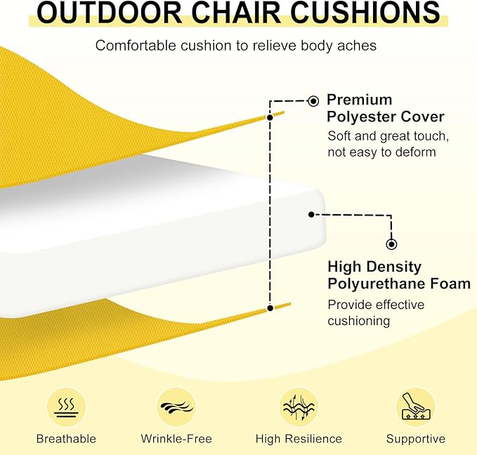 downluxe Outdoor Chair Cushions Set of 2 for Patio Furniture, Water-Resistant Square Corner Patio Chair Cushions with Ties, High Density Foam Outdoor Seat Cushion, 18.5" X 16" X 3", Yellow