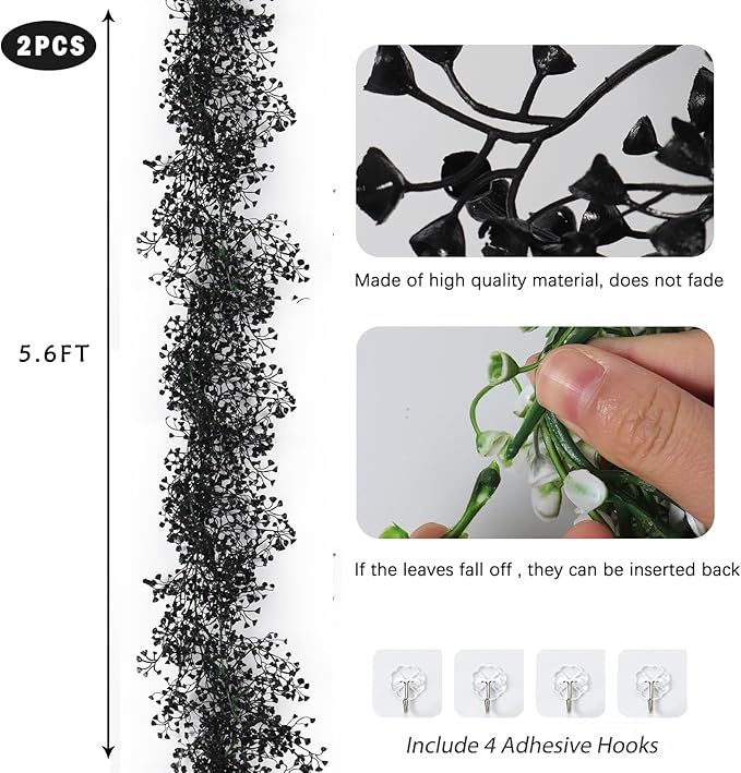 RECUTMS Black Vines Garland Artificial Hanging Plants Faux Ferns Plant Greenery Fake Leaves Ivy Garlands 2Pcs 5.6Ft for Halloween Thanksgiving Party Outdoor Indoor Garden Decor(Black)