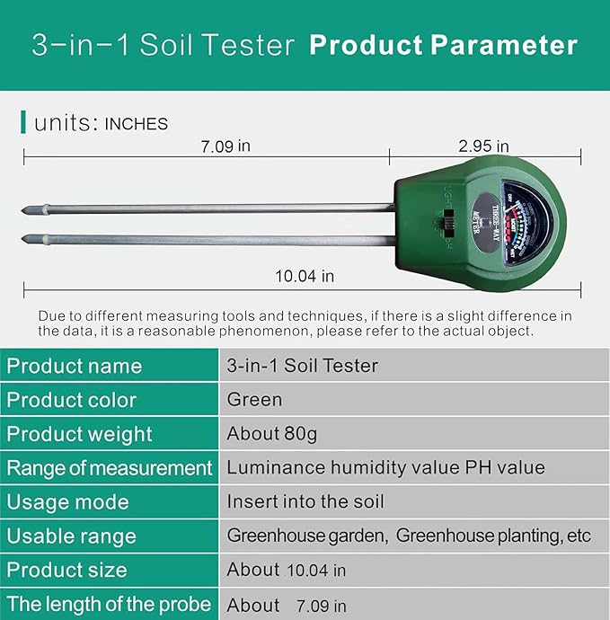 3-in-1 Soil Tester. Soil pH Meter + Moisture Meter +Light Tool for Garden Farm Lawn houseplants Indoor & Outdoor (No Battery Needed) Test Kit for Garde (3 in 1 New)