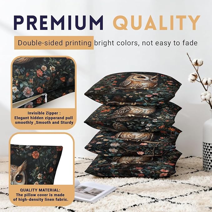 Owl Forest Pillow Covers 18x18 inch Set of 4, Mystic Woodland Flowers Dark Academia Throw Pillow Covers Farmhouse Cushion Case Decor for Sofa Couch