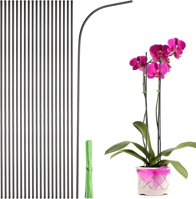 uxcell 20pcs Green Plant Support Stakes, 11.8" Bendable Garden Plant Sticks Plastic Single Stem Plants Support Stakes with Ties for Potted Plants Flowers Orchid Peony, Brown