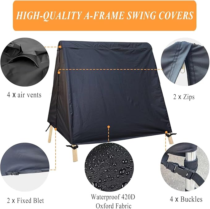 Patio Swing Cover A-Frame Swing Covers Waterproof 3 Seat UV Resistant Weather Protector for Outdoor Courtyard Patio Furniture Black