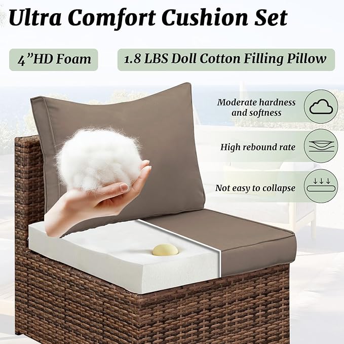 Outdoor Sectional Cushions Replacement Set, 26x26in Patio Furniture Cushions, 14 Pieces Waterproof Outdoor Couch Cushion for 6 Seat Wicker Conversation (Khaki)