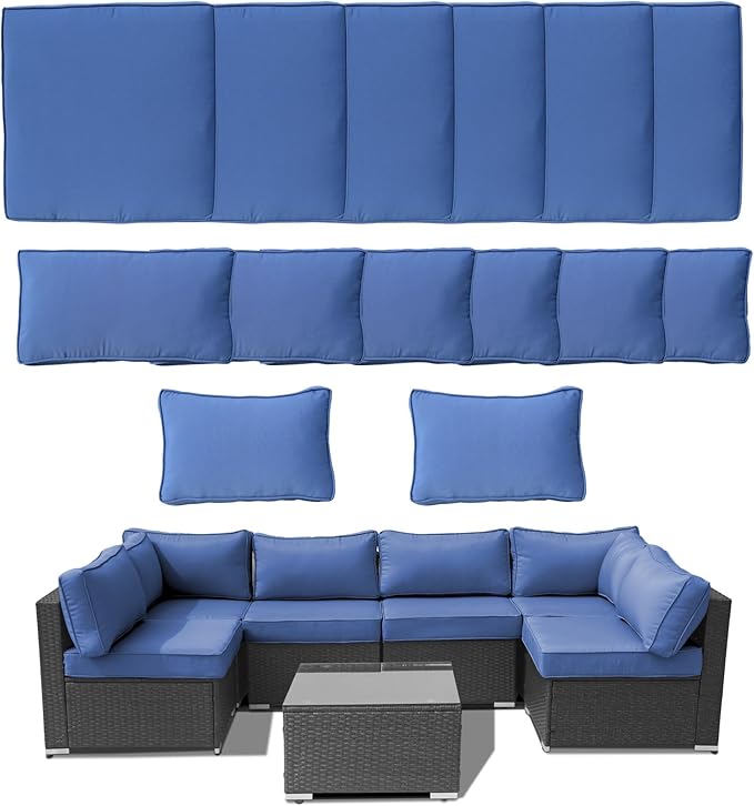 14Piece Outdoor Sofa Cushion Replacement Patio Furniture Waterproof Cushion with Zippers fit 6-Seat Outdoor Wicker Rattan Sectional Couch (Blue, 25.6"x25.6"x3.9")