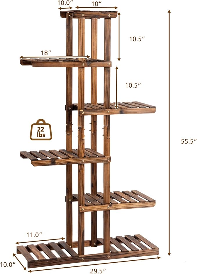 Giantex Flower Rack Wood Plant Stand 7 Wood Shelves 11 Pots Bonsai Display Shelf Indoor Outdoor Yard Garden Patio Balcony Living Room Multifunctional Storage Rack Bookshelf W/Hollow-Out Rack