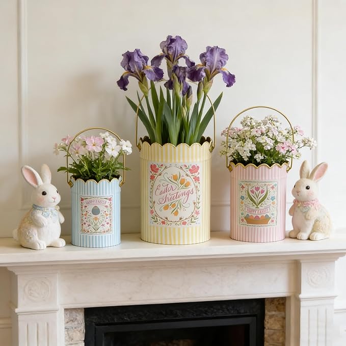 Set of 3 Vintage Floral Metal Bucket, Multi-Size Planters for Flowers & Easter Egg Containers, Rustic Garden & Home Decor