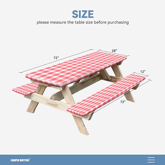 Picnic Table Cover and Bench Covers, Fitted Tablecloth Cover with Elastic Edge, Water and Oil Proof, for Outdoor, Garden, Camping, 72x28 Inch, 3 Pieces Set, Red & White