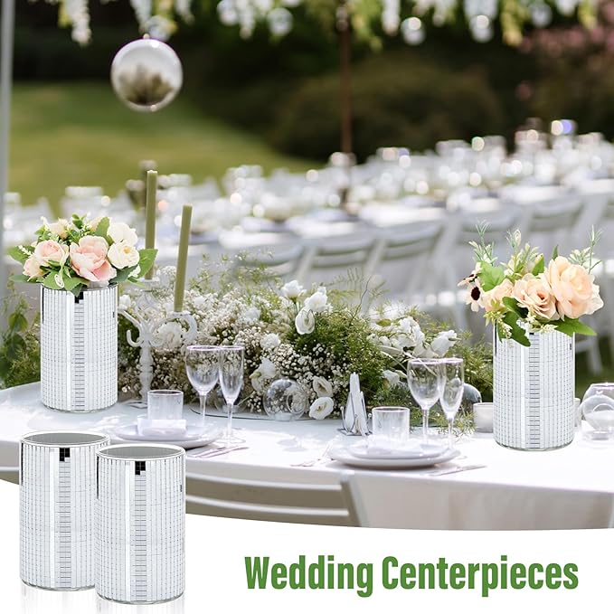 Hushee 6 Pcs 6 Pcs Disco Ball Vase Disco Planter Cylinder Glass Vase Mirror Tiles Modern Planter Pot Candle Holder for Wedding Centerpieces Birthday Party Gift Bedroom Decoration (6'')