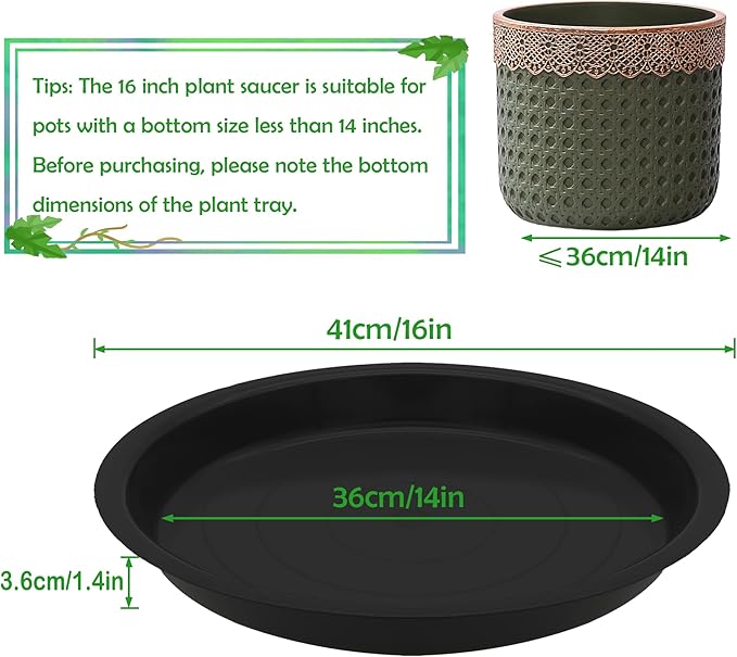 4 Pack 16 Inch Round Plant Saucers for Less 14 Inch Pot Indoors Outdoors Plant Trays for Pots Planter Saucer Plastic Drip Tray Planter Water Tray(Black, 16"(4pcs))