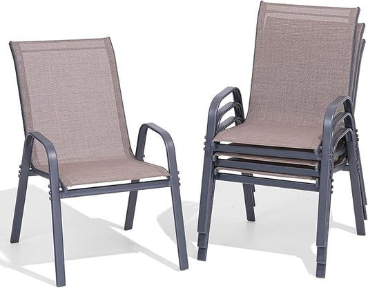 Patio Chairs Set of 4, Easily Set Up Stackable Outdoor Dining Chairs with High Back and Wide Seat, All Weather Breathable Outdoor Chairs Set of 4 with Metal Frame for Backyard Deck Pool, Brown