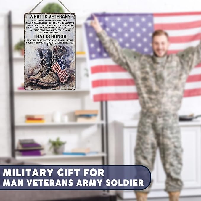 PEACHGARDEN Military Decor Army Patriotic Metal Sign Wall Decor What is A Veteran Metal Tin Sign Poster Military Memorabilia for Veterans Army Soldier Patriots 8x12inch