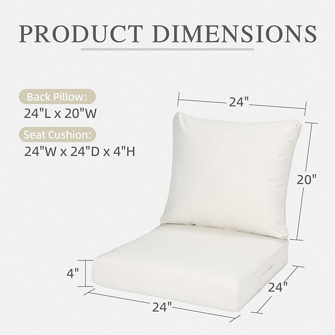 Aoodor 24" x 24" Patio Deep Seat Cushion Set, Water Resistant & Fade Resistant Outdoor Furniture Cushions with Adjustable Straps for Patio, Deck, Garden, Set of 2, Ivory