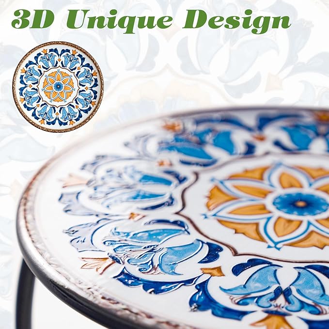 Outdoor Side Table Mosaic Patio Small End Table Metal Coffee Tea Accent Table for Patio Living Room Bedroom Yard Porch Garden (Blue Little Flower)