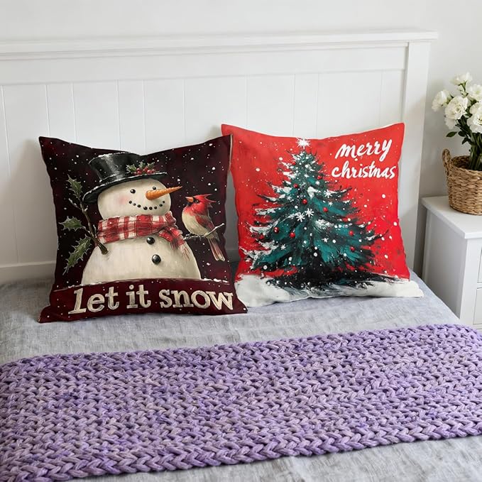 Christmas Vintage Pillow Covers 18x18 inch Set of 4, Snowman Tree Wreath Gift Red Art Cushion Case Outdoor Sofa Throw Pillows Cover Garden Pillow Covers for Couch Living Room Bed Indoors Home Decor