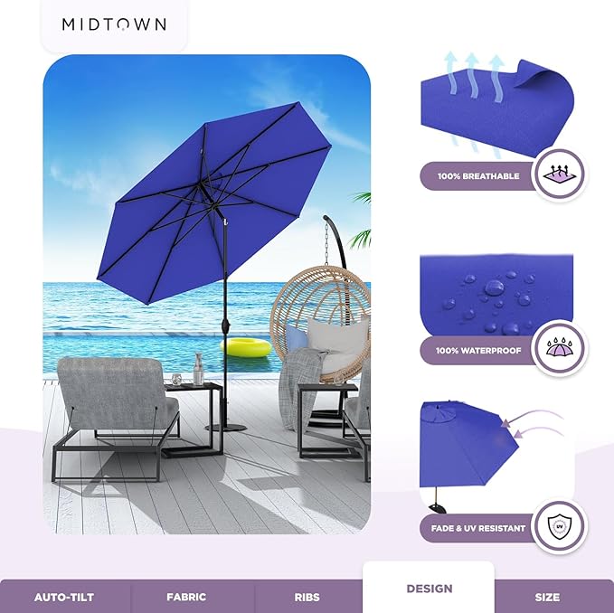Midtown Umbrellas - 10-Year-No-Fade 9 Ft Patio Umbrella with Terylast Fabric, Auto-Tilt Aluminum Frame and 8 Reinforced Ribs for Deck, Pool, Garden & Beach - Midnight Blue Canopy, Black Pole