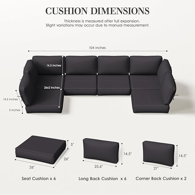 Outdoor Replacement Cushions for Patio Furniture, 5" Foam High-Density, 14-Piece Water-Resistant Outdoor Cushion for 6-Seat Sectional Patio Conversation Sets, Liner&Cover