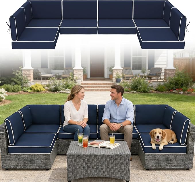 14 Pcs Outdoor Replacement Cushions for Patio Furniture, All Weather Water Resistant Cushion for 6 Seat Rattan Wicker Sectional Patio Conversation Sets and Couch Navy Blue(White Piping)