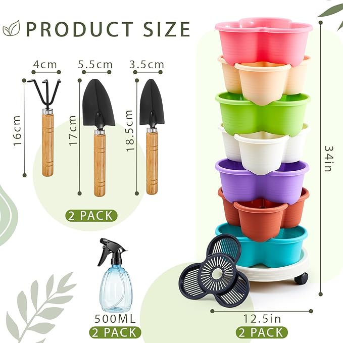 Umigy 2 Set of 7 Tier Stackable Vertical Planters with Removable Wheels and Tools Tower Planters Strawberry Herb Flower Vegetable Pots Indoor Outdoor Gardening Pots (Multicolor)