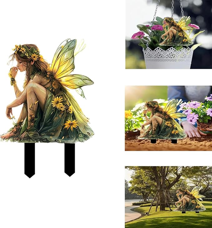 JOYO 11.8''Bohemian Fairy Flower Pot Decoration,Fairy Garden Planter Accessories,2D Acrylic Ground Plug,Fairy Pumpkin Angel Garden Stake for Pot Plants and Garden Yard Lawn Décor (P04)