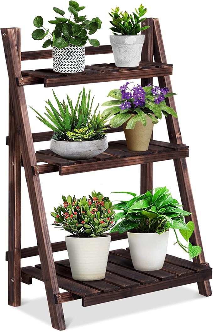 Giantex 3 Tier Folding Wooden Plant Stand, Indoor Flower Pot Holder Display Rack, Free Installation Corner Plants Storage Shelf, Foldable Rustic Wood Ladder Shelf for Home Patio Balcony Garden